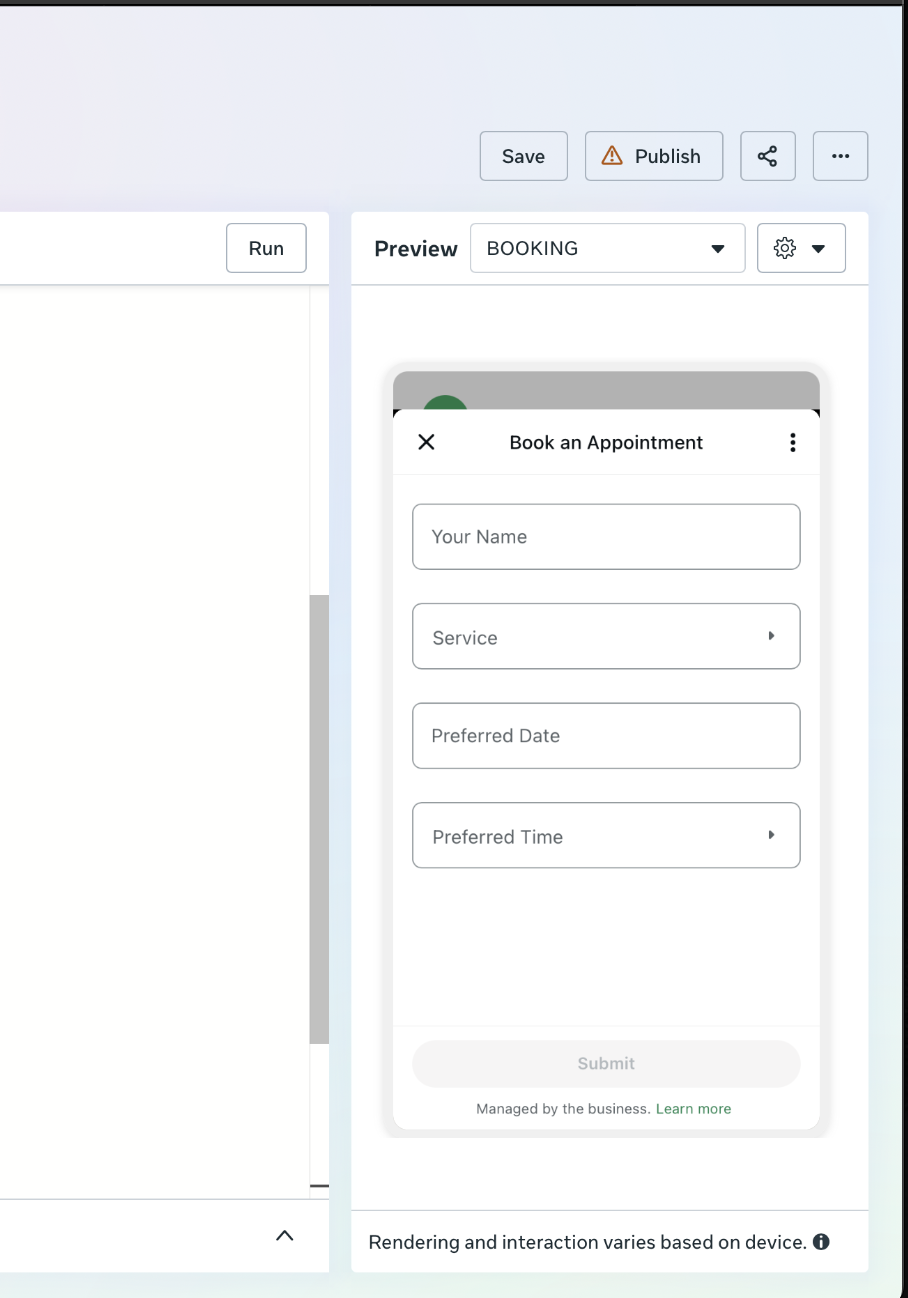 Native WhatsApp booking Flow previewing in WhatsApp Manager